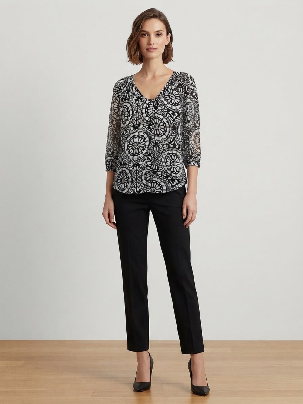 Vintage Boho Blouse 3/4 Sleeves Black & White Print Sz 4 (XS)